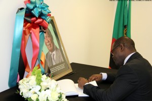 Sierra Leone Permanent Representative to the United Nations, Ambassador Vandi Chidi Minah, signing the Book of Condolences in memory of His Excellency Mr Michael Chilufya Sata, late President of the Republic of Zambia, at the Zambian Mission to the UN in New York Friday 30-Oct-2014, USA. 