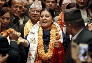  Ms Bhandari (centre) was elected president on Wednesday night by Nepal's parliament 