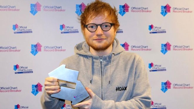  Ed Sheeran holding his number one trophy sideways so it looks more like a letterbox 