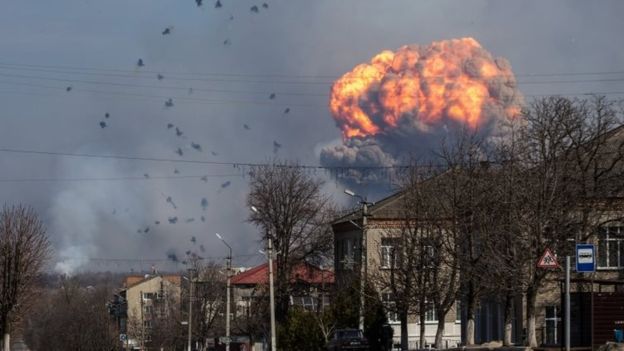  A huge cloud of smoke could be seen billowing above the ammunition depot of the Ukrainian armed forces on Thursday 