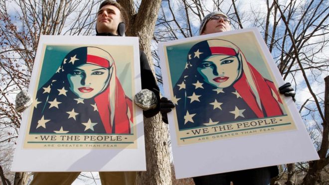  The proposed travel ban has drawn protests across the US 