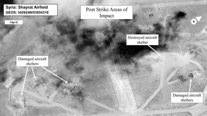  Images released by the Pentagon showed damage caused by the strikes on Shayrat air base 