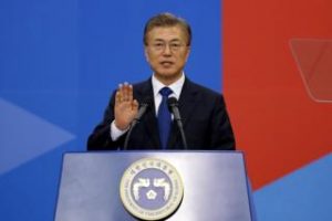  Mr Moon took his oath of office in Seoul's National Assembly building 